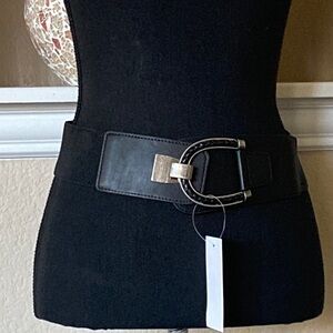 Wide Buckle Elastic Statement Belt Black Stretchy Cinch Trimmer Belt Size M/L